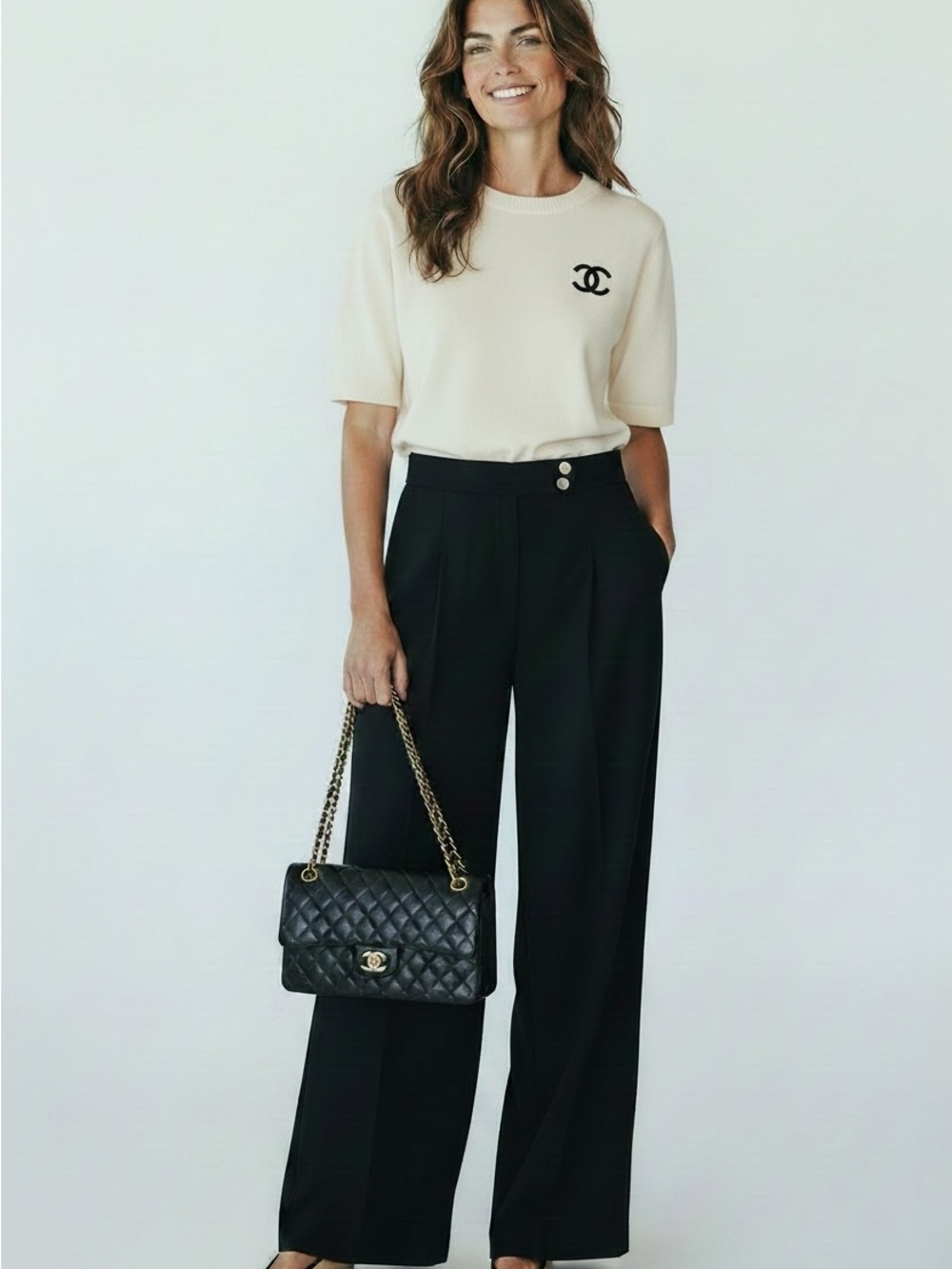 NWT CHANEL Black Wide Leg Palazzo Pants Wood Silk Lining Button ClosureFR44 US10